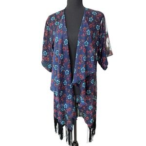 LuLaRoe‎ Navy Floral Fringe Kimono Size S Sheer Lightweight Boho Indie Festival